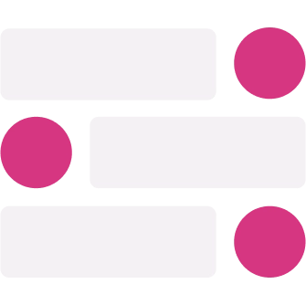 Abstract design with three white horizontal bars and three magenta circles, with circles alternating ends of the bars.