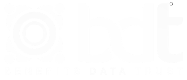 Logo for Benefits Data Trust, featuring a stylized "bdt" with a gear-like symbol forming the "b", and the full name in capital letters below.