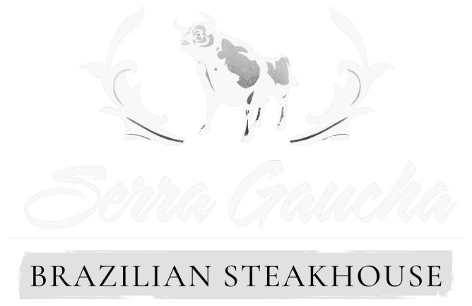 Serra Gaucha Brazilian Steakhouse logo featuring a stylized bull, decorative scrolls, the brand name in script, and "BRAZILIAN STEAKHOUSE" in a banner.