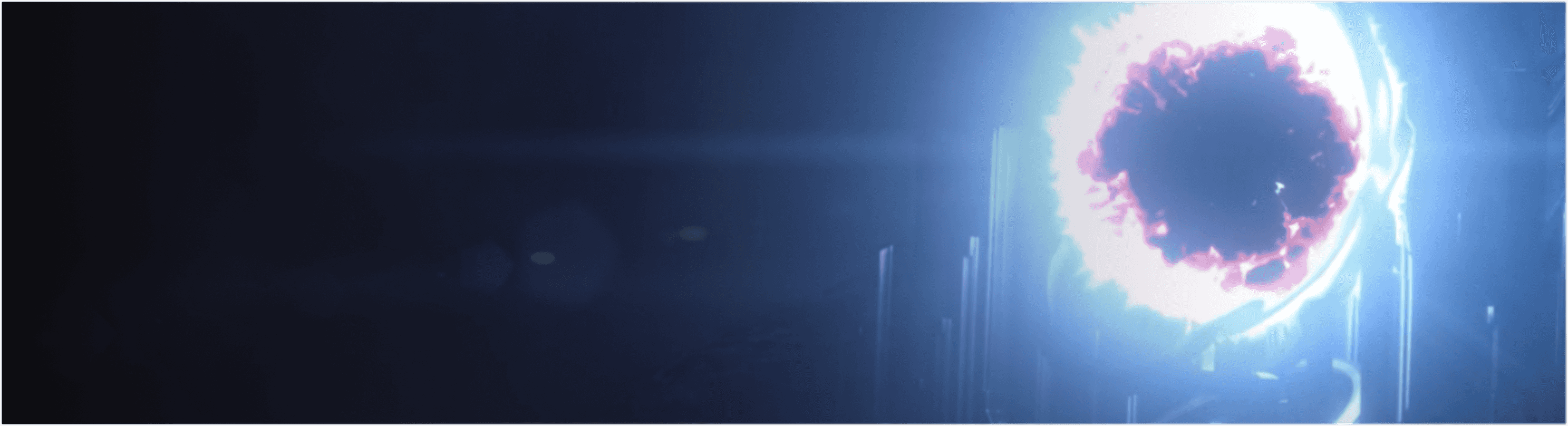 A glowing, futuristic circular portal with a dark red and purple energetic core, radiating bright blue light and lens flares in a dark setting.