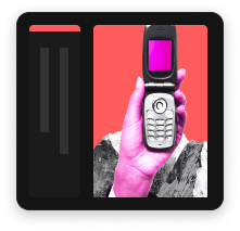 A surreal digital art piece shows a pink hand holding an open silver flip phone with a magenta screen, set against a red background and monochrome mountains, all within a dark interface frame.