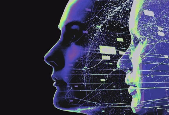 Two overlapping digital human profiles in futuristic neon colors, overlaid with a network of glowing data points, lines, and rectangular shapes, suggesting AI or digital consciousness.