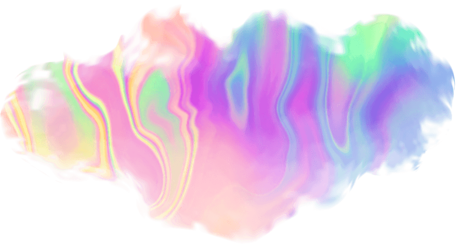 A fluid, abstract shape displaying holographic swirls of pink, purple, blue, green, and yellow against a black background.