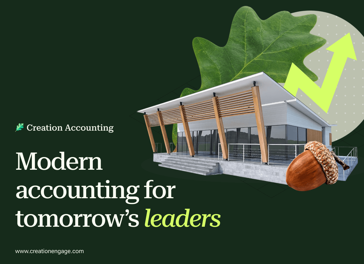 Creation Accounting ad featuring a modern building, an oak leaf, an acorn, and an upward growth arrow, symbolizing modern accounting for future leaders.