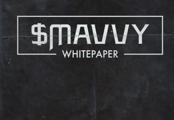Whitepaper title card for '$MAVVY' in a distinctive white font, centered on a dark, textured background.