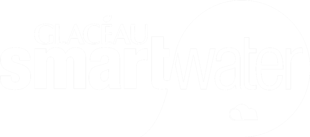GLACÉAU smartwater logo. 'smart' is white on a black background, and 'water' is black on a white thought bubble shape with a cloud icon.