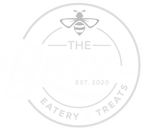 Circular logo for 'THE Buzz...' featuring a bee illustration at the top, 'EST. 2020,' and 'EATERY & TREATS' curving along the bottom.
